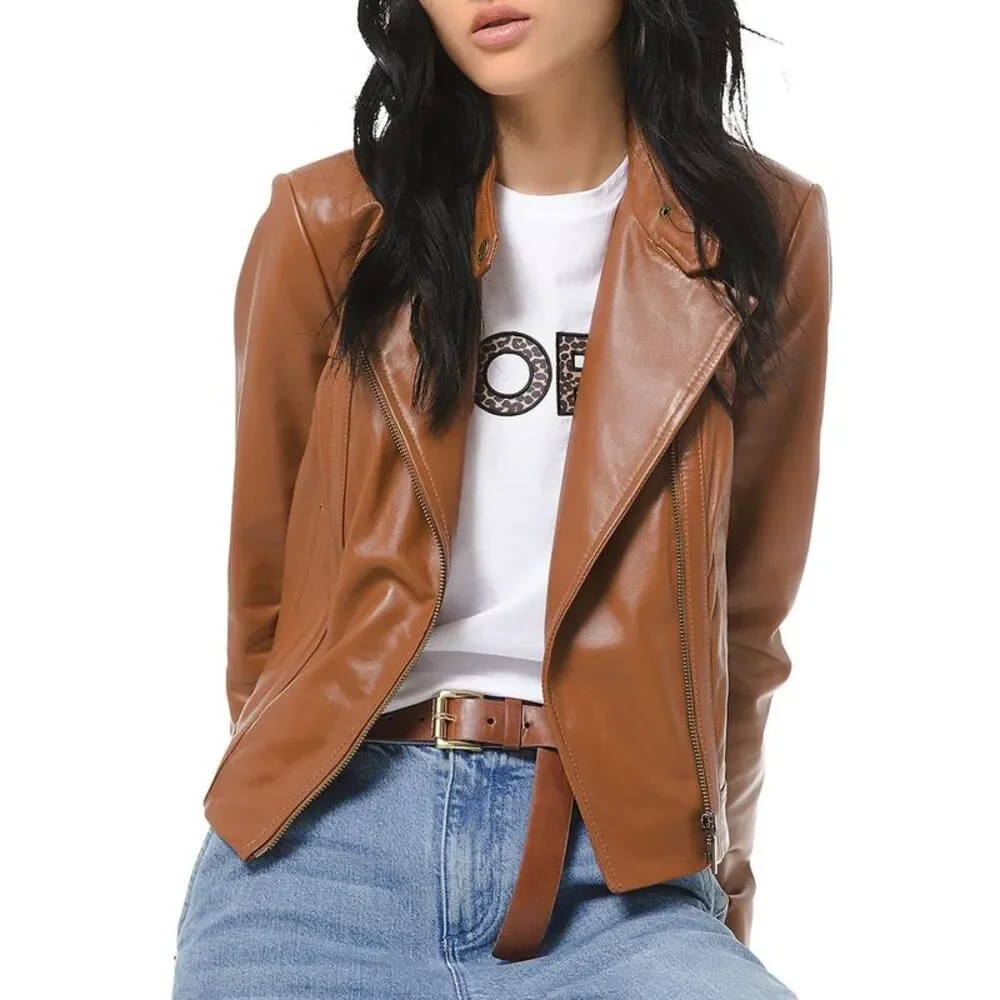 MICHAEL Michael Kors Womens Brown Spring Leather Motorcycle Jacket Coat NWT